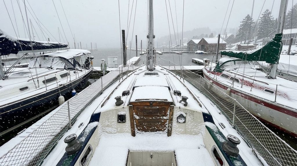 Verschneites Vorschiff einer Segelyacht am Steg bei Schneefall