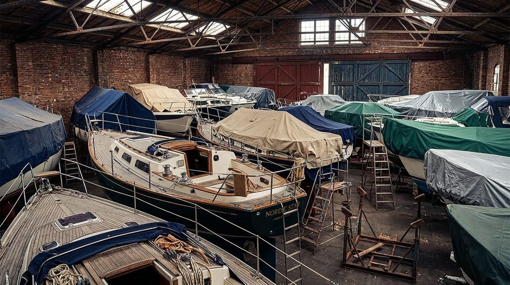 Abgedeckte Segelyachten in einer Lagerhalle