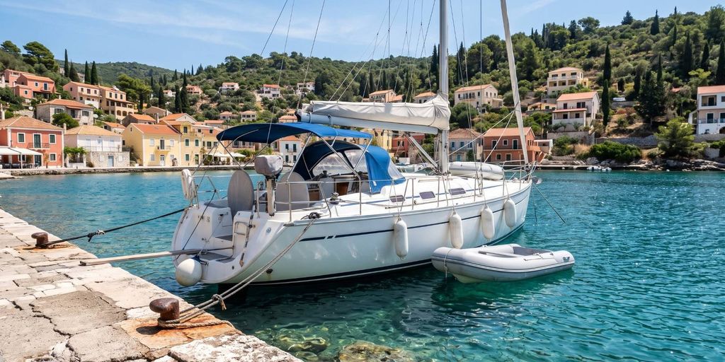 Segelyacht mit Beiboot an einer Hafenmole vor einem bunten Dorf am Mittelmeer