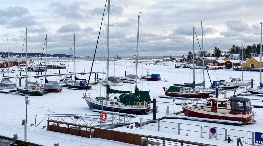 Yachten an ihren Liegeplätzen in einer vereisten Marina