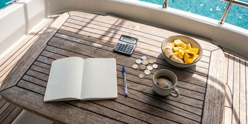 Cockpittisch mit leerem Notizbuch, Taschenrechner, Münzen, Kaffee und Obst, dahinter türkises Wasser