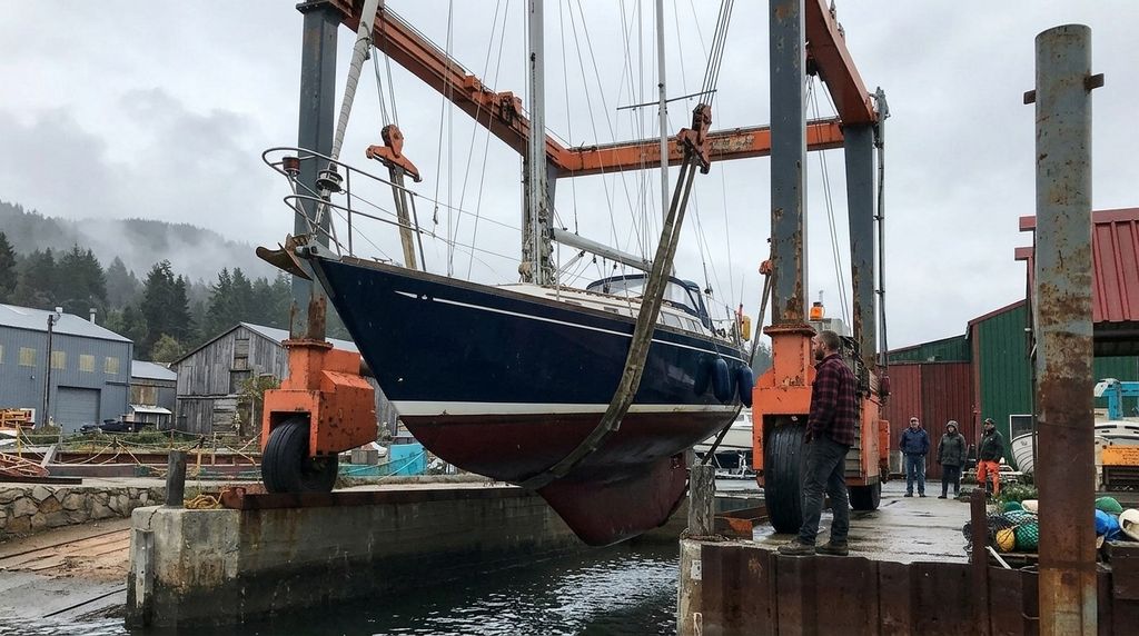 Eine Segelyacht mit rotem Antifouling hängt im Travellift