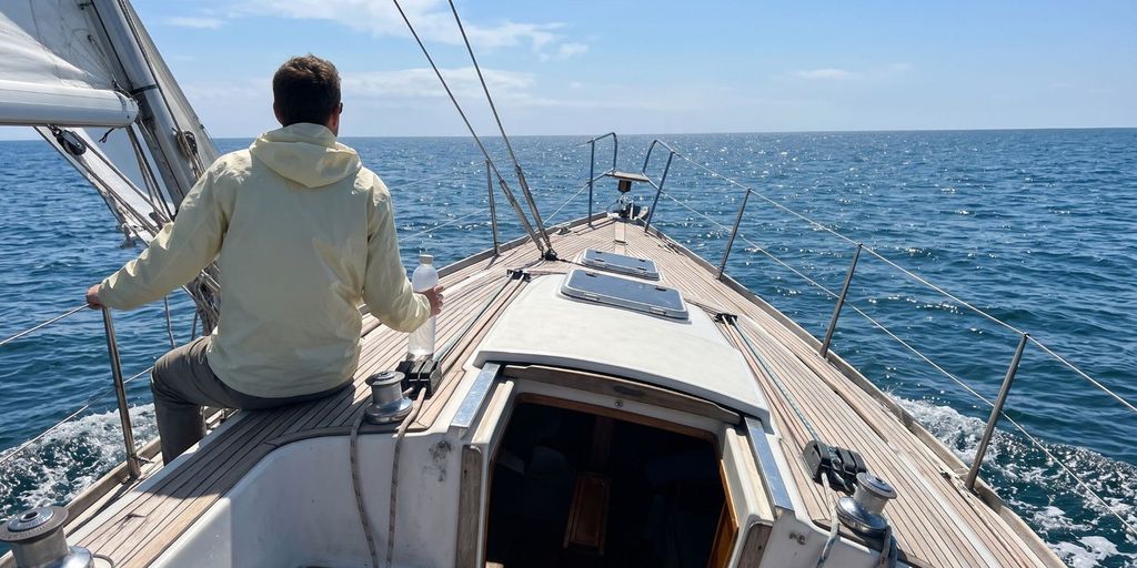 Segler von hinten auf dem Vorschiff mit Wasserflasche, Blick zum Horizont über das offene Meer