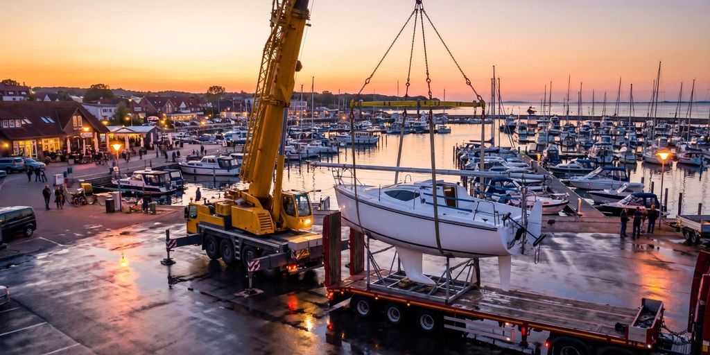 Ein Autokran hebt eine Segelyacht ohne Mast auf einen Tieflader im Hafen, Abendhimmel