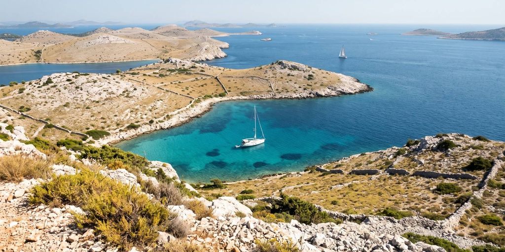Segelyacht vor Anker in einer türkisen Bucht der Kornaten mit kargen Inseln und Trockenmauern
