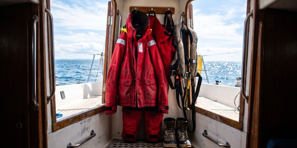 Rotes Ölzeug, Rettungsweste und Seestiefel hängen im Niedergang, dahinter das Meer