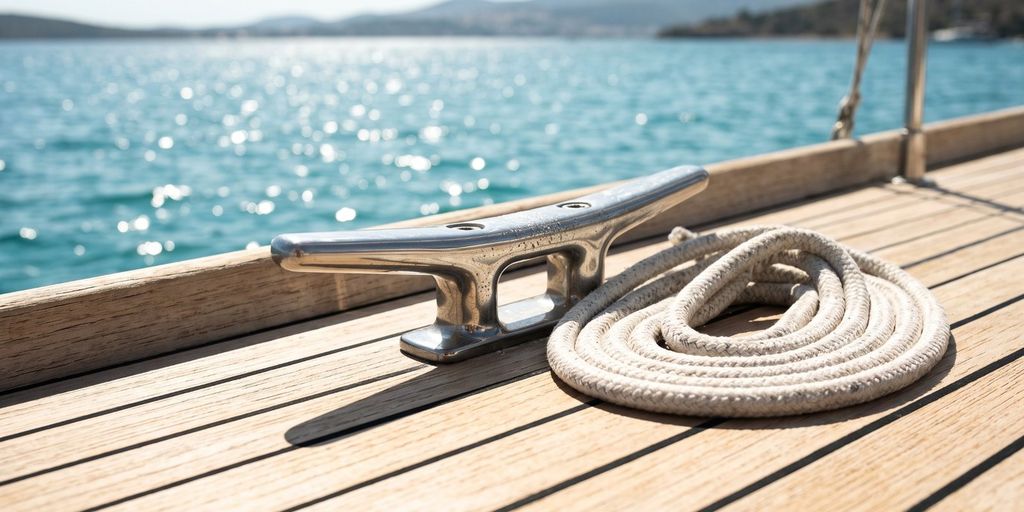 Teakdeck mit Edelstahlklampe und aufgeschossener Leine, dahinter glitzerndes türkises Wasser