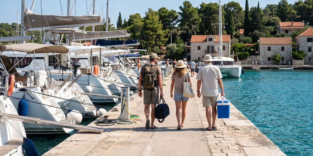 Drei Leute mit Taschen und Kühlbox gehen über eine Mole an Charteryachten entlang in Kroatien