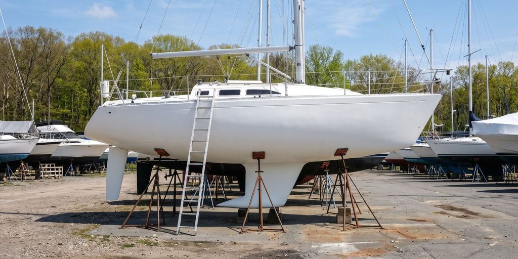 Segelyacht auf Böcken im Winterlager mit freiem weißem Unterwasserschiff und angelehnter Leiter