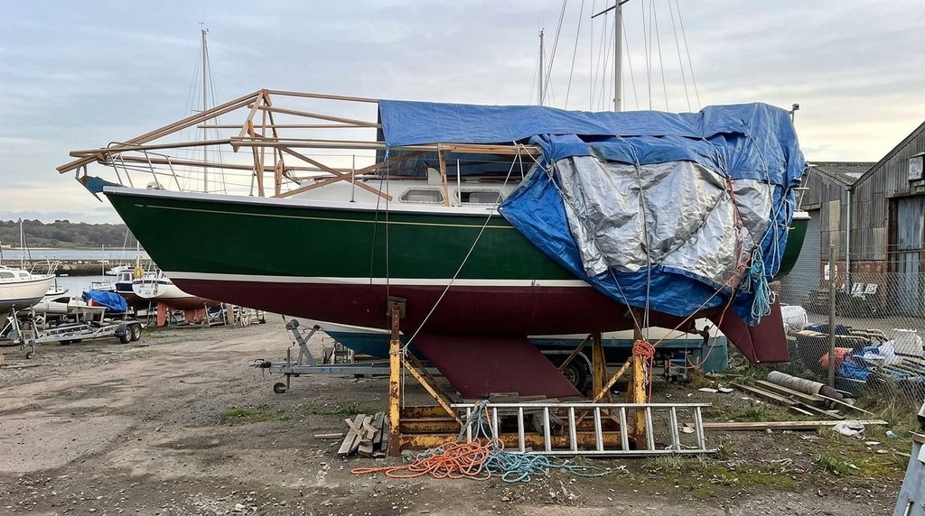 Segelyacht auf Böcken mit Holzgerüst und Plane