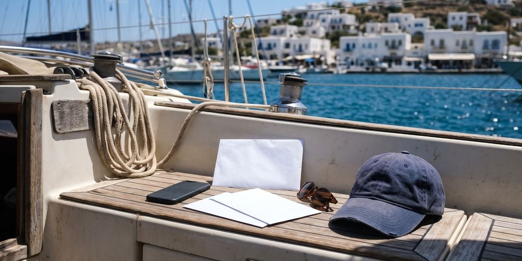 Handy, Briefumschläge, Sonnenbrille und Kappe auf der Cockpitbank im Hafen einer griechischen Insel