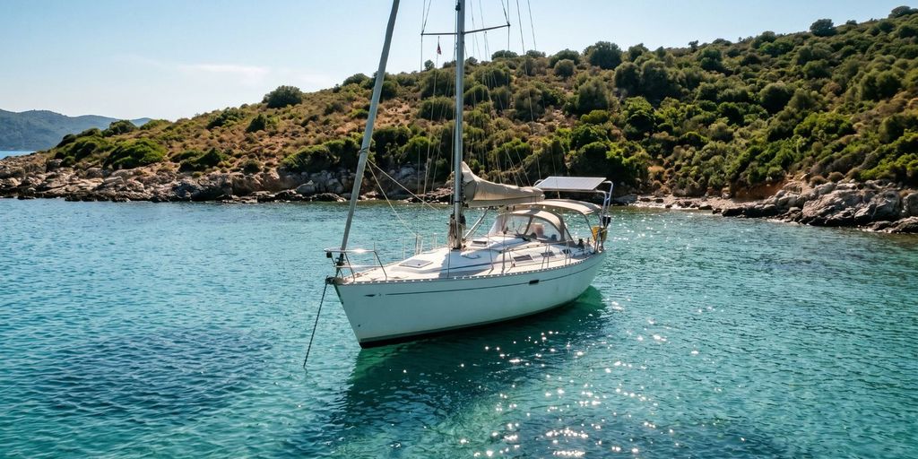Segelyacht mit Solarpaneel vor Anker in einer kleinen grünen Bucht mit klarem Wasser