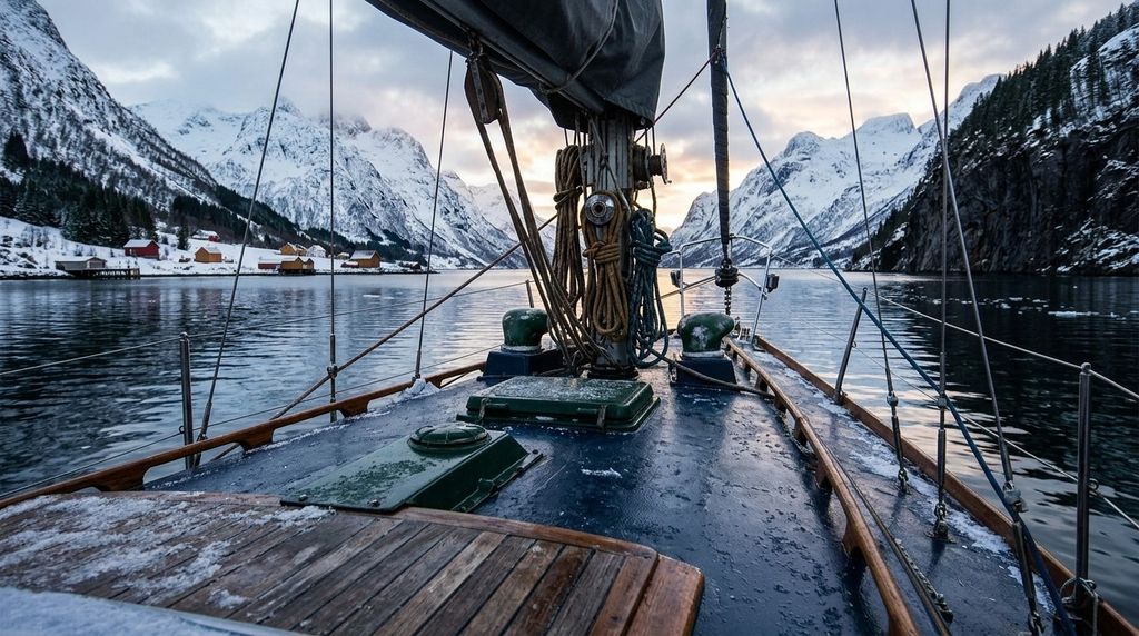 Blick vom Vorschiff in einen verschneiten Fjord