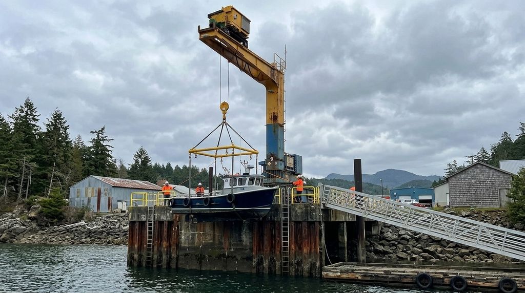 Ein Boot hängt am Kran über der Pier