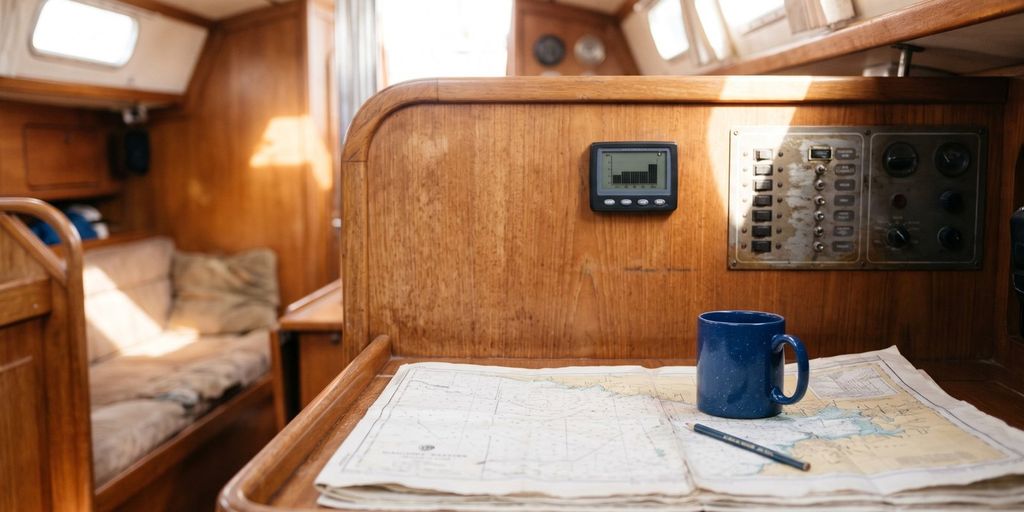 Kartentisch einer Segelyacht mit Seekarte, blauem Becher und Bleistift, darüber ein Batteriemonitor und die Schalttafel