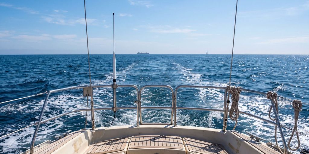 Antenne am Heckkorb einer Segelyacht auf See, am Horizont ein Frachter und eine Segelyacht