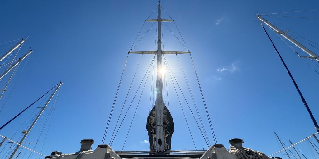 Blick vom Deck den Mast hinauf mit Wanten und Salingen vor blauem Himmel, Sonne hinter dem Mast